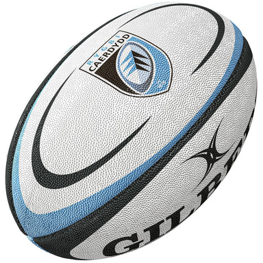 The Gilbert Cardiff Replica Rugby Ball features blue and black curved stripes on a white base with the Cardiff Rugby logo—a top pick for United Rugby Championship fans.