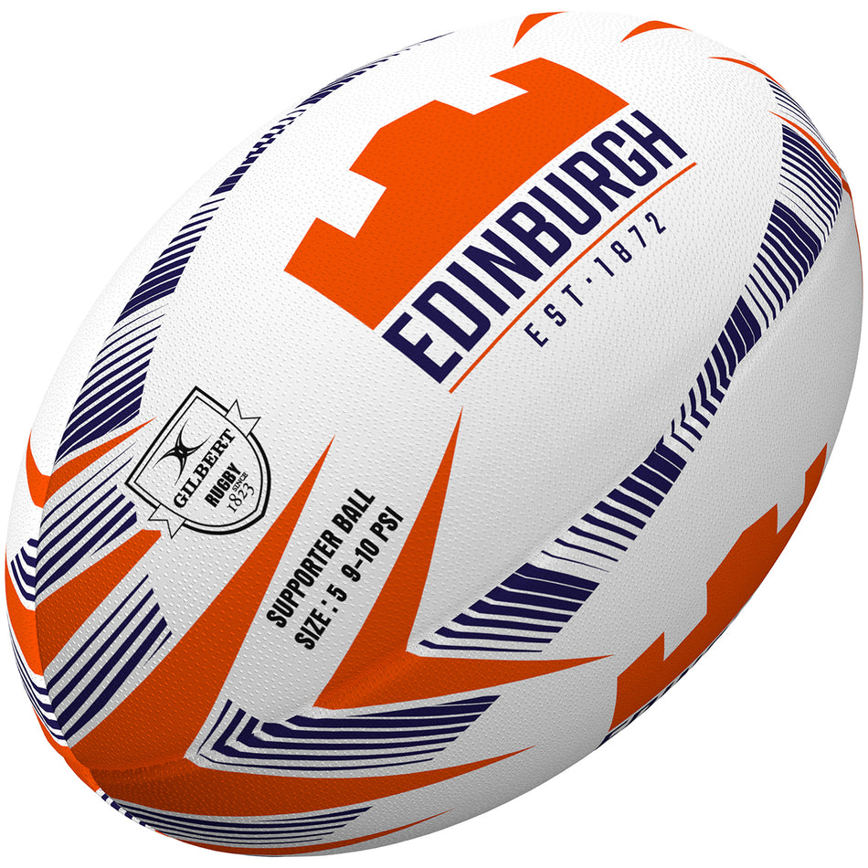 The Gilbert Edinburgh Supporters Rugby Ball features orange and navy geometric patterns, "Edinburgh Rugby Est. 1872," the Gilbert logo, and a size 5-10 PSI—making it a perfect unique rugby gift.