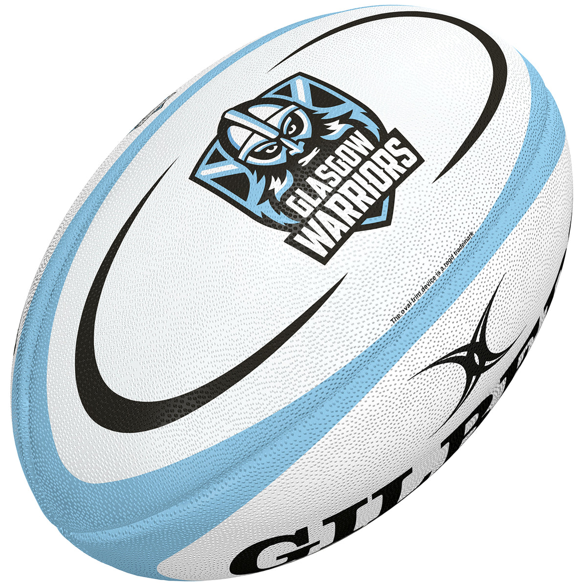 The Gilbert Glasgow Replica Rugby Ball is a white ball with blue accents, featuring the Glasgow Warriors logo and name on one side and the Gilbert logo on another—a great choice for any rugby supporter.