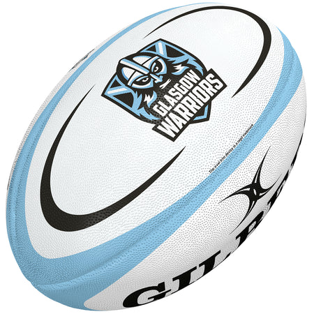 The Gilbert Glasgow Replica Rugby Ball is a white ball with blue accents, featuring the Glasgow Warriors logo and name on one side and the Gilbert logo on another—a great choice for any rugby supporter.