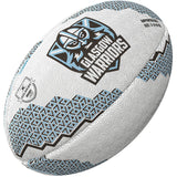 The Gilbert Glasgow Supporters Rugby Ball by Gilbert features blue geometric patterns, the iconic helmet logo, and GLASGOW WARRIORS printed on the side—a must-have for United Rugby Championship fans.