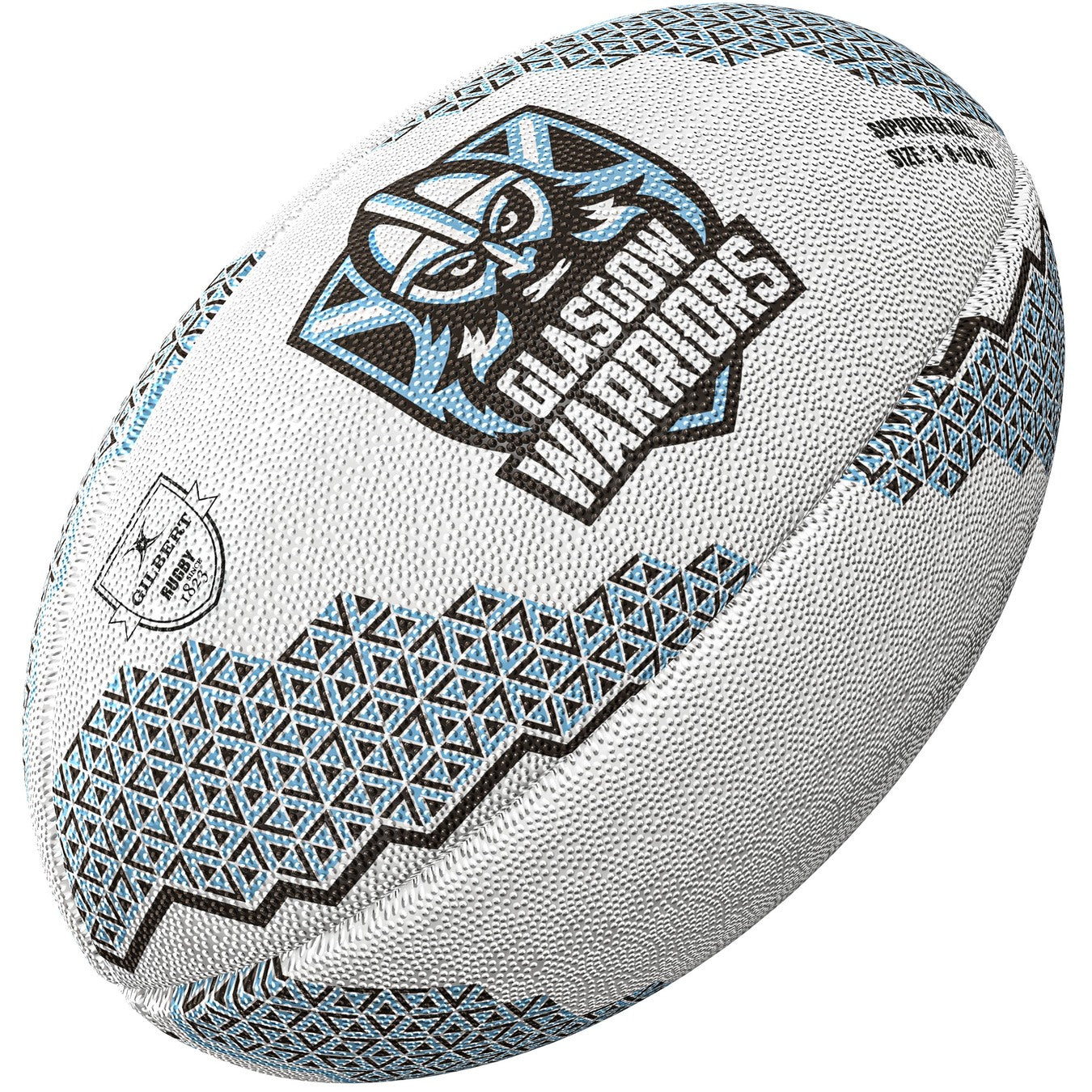 The Gilbert Glasgow Supporters Rugby Ball by Gilbert features blue geometric patterns, the iconic helmet logo, and GLASGOW WARRIORS printed on the side—a must-have for United Rugby Championship fans.