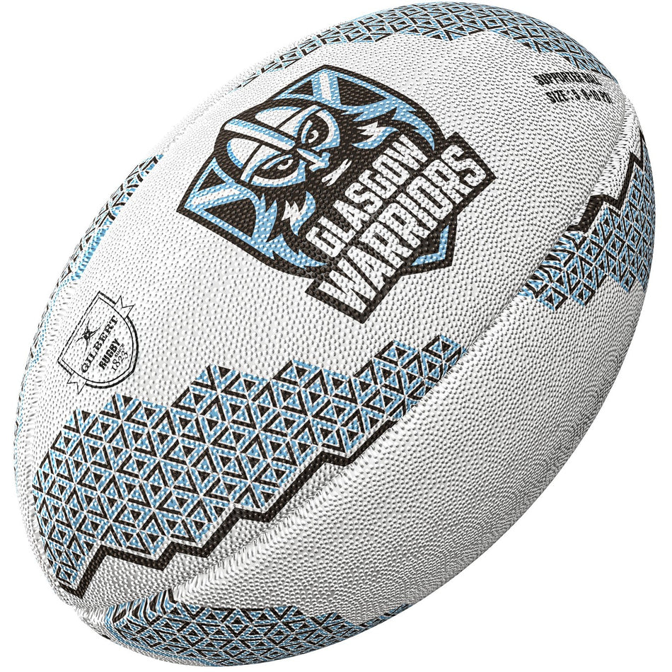 The Gilbert Glasgow Supporters Rugby Ball by Gilbert features blue geometric patterns, the iconic helmet logo, and GLASGOW WARRIORS printed on the side—a must-have for United Rugby Championship fans.