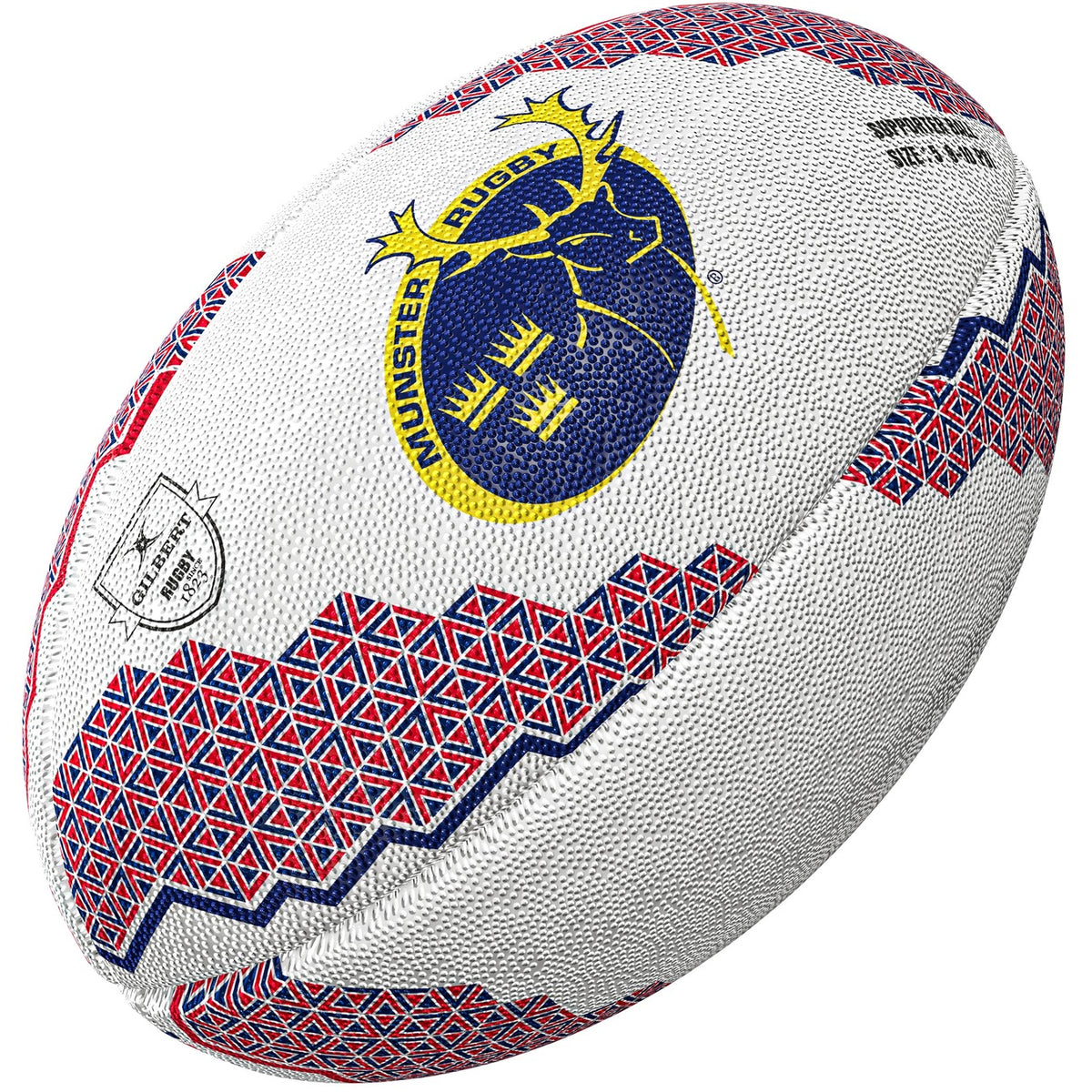 The Gilbert Munster Supporters Rugby Ball by Gilbert features red and blue geometric patterns, a textured white surface, the Munster Rugby stag logo on one side, and a small silver badge—perfect memorabilia for any fan.