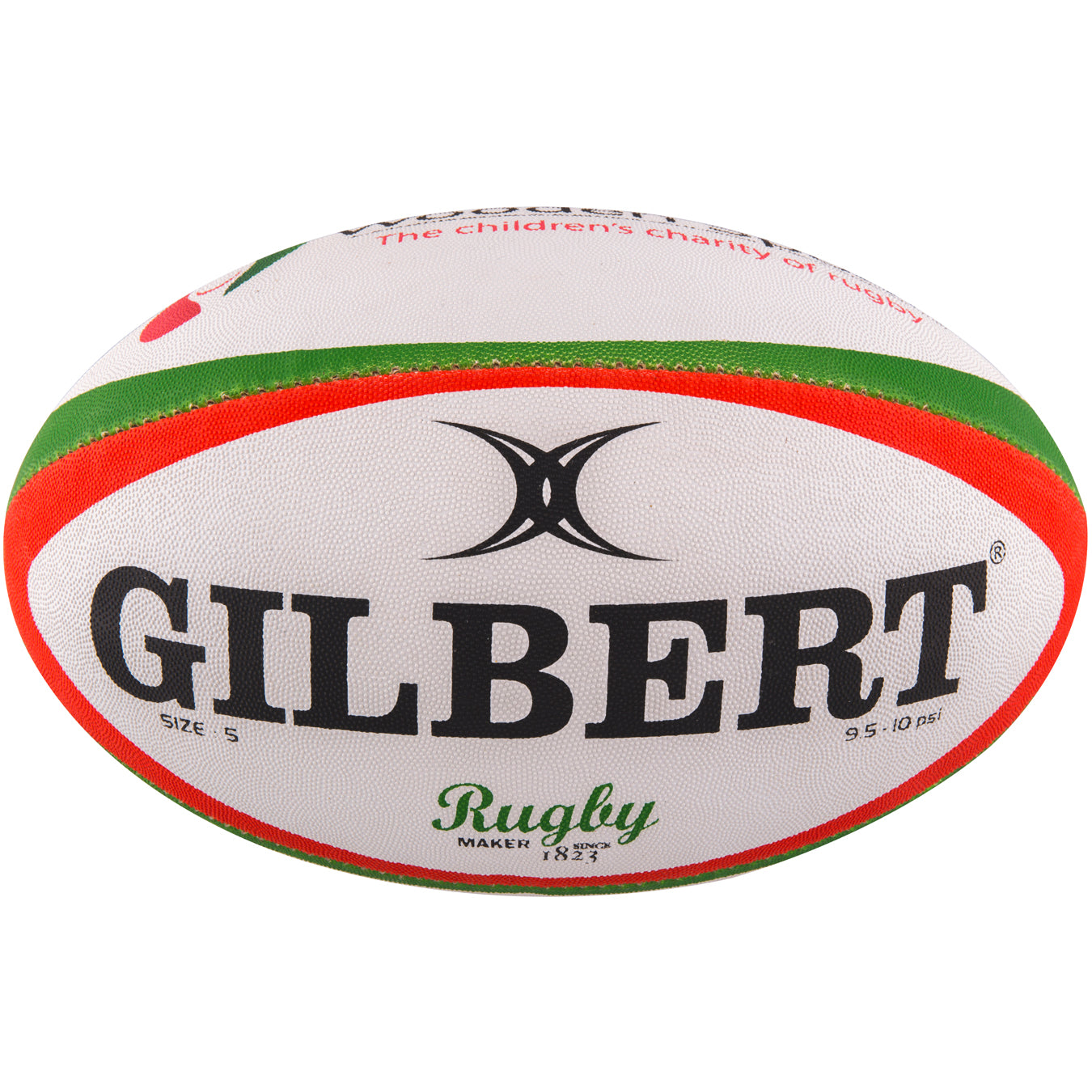 The Gilbert Wooden Spoon Rugby Ball is white with green and red stripes, featuring the bold black Gilbert logo and "Rugby" in green script—a great choice for charity support.