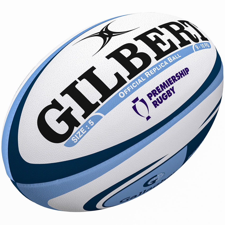 The Gilbert Gallagher Premiership Replica Rugby Ball is a size 5 white and blue ball featuring the Gilbert brand, Premiership Rugby logo, and "Gallagher Premiership Replica Ball" printed on the side.