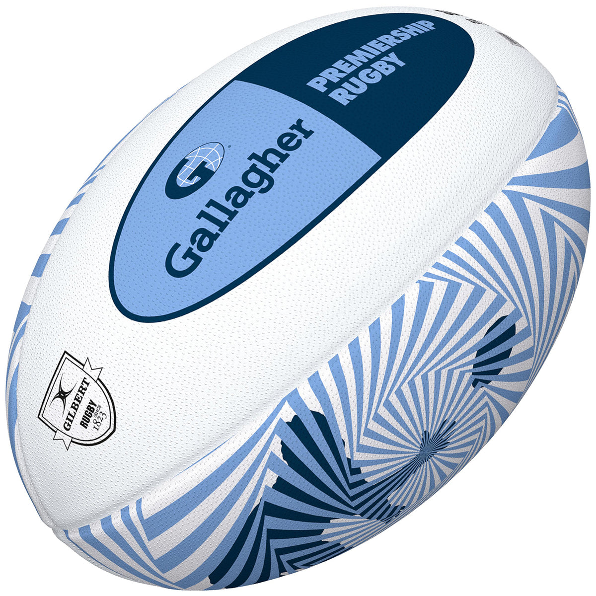 The Gilbert Gallagher Premiership Supporter Rugby Ball is white and blue with a geometric swirl, Gallagher Premiership Rugby logo, Gilbert branding, and "Official Replica" text.