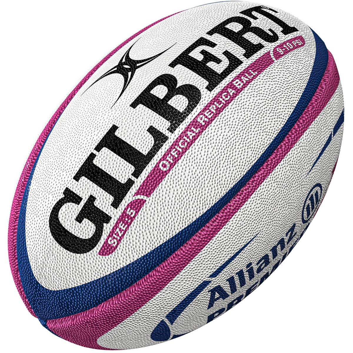 A close-up of the Gilbert Allianz Replica Rugby Ball, mainly white with blue and pink accents, featuring GILBERT and Allianz branding. Its textured surface makes it ideal for women's rugby training and matches.