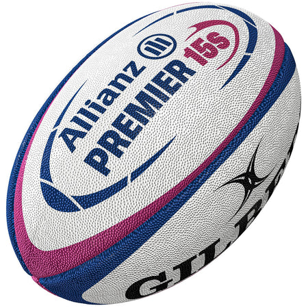 The Gilbert Allianz Replica Rugby Ball by Gilbert features a white design with blue and pink accents, plus the Allianz Premier 15s and GILBERT logos—ideal for fans or players seeking an authentic replica ball.