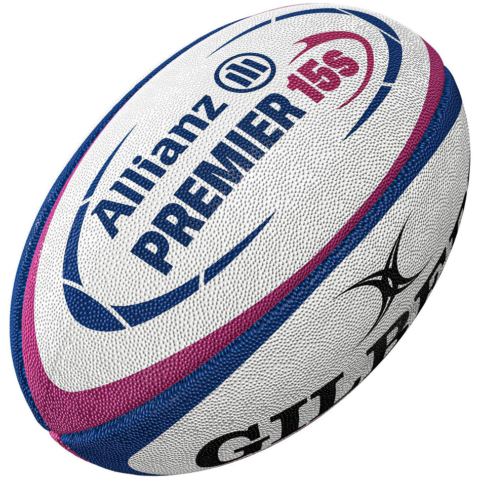 The Gilbert Allianz Replica Rugby Ball by Gilbert features a white design with blue and pink accents, plus the Allianz Premier 15s and GILBERT logos—ideal for fans or players seeking an authentic replica ball.