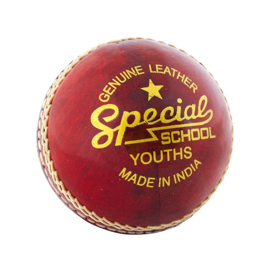 The Readers Special School Cricket Ball - Six Pack from Readers features red leather with white stitching and gold text—perfect for junior or youth cricket practice sessions.