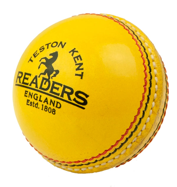 The Readers Indoor Leather Cricket Ball by Readers is a bright yellow leather ball with red and white stitching, ideal for adults or indoor play. It features "Teston Kent Readers England Estd. 1808" and a black horse logo.