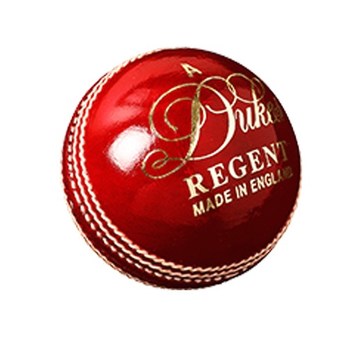 A Dukes Regent Cricket Ball (Senior) by Dukes, featuring shiny red English leather, white stitching, and gold "A Duke Regent Made in England" lettering, is shown on a plain white background.
