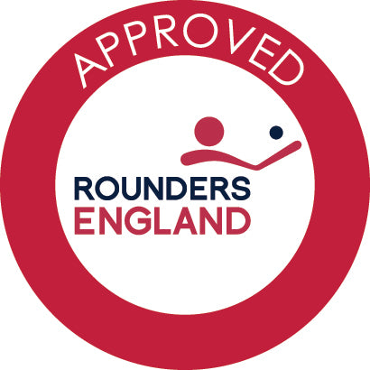 A circular badge with a red border and "APPROVED" at the top features "ROUNDERS ENGLAND" with a stylized player, representing leading rounders gear such as the Aresson Dictator Rounders Bat by Aresson.
