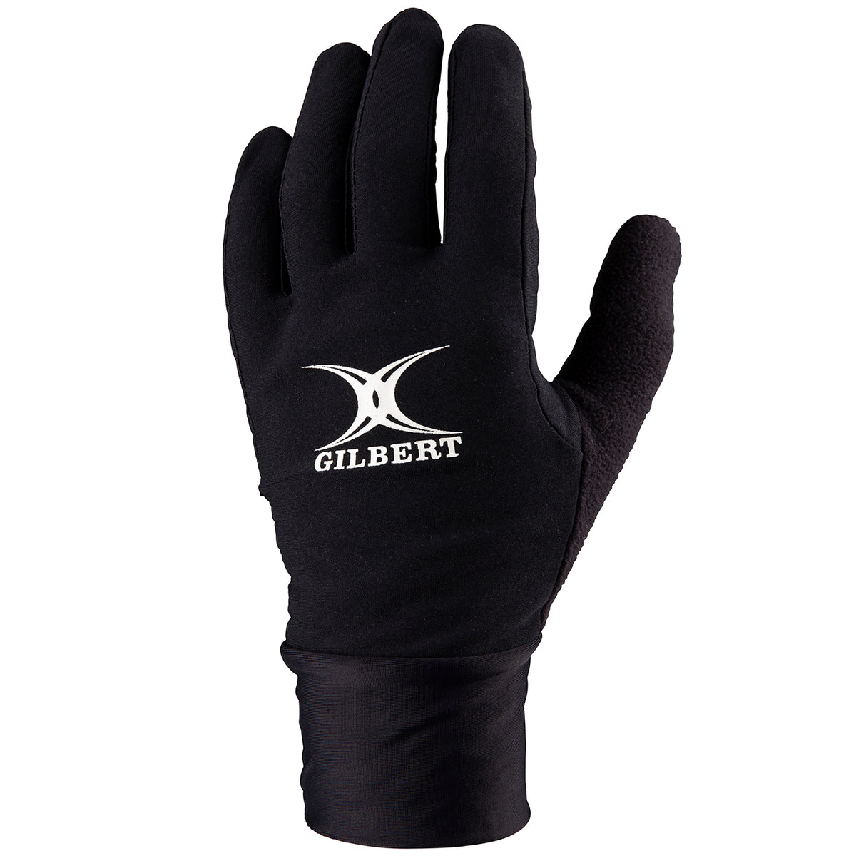The Gilbert Thermo Training Gloves are black with a white Gilbert logo and text on the back, featuring a grippy silicone palm. Displayed upright against a white background.