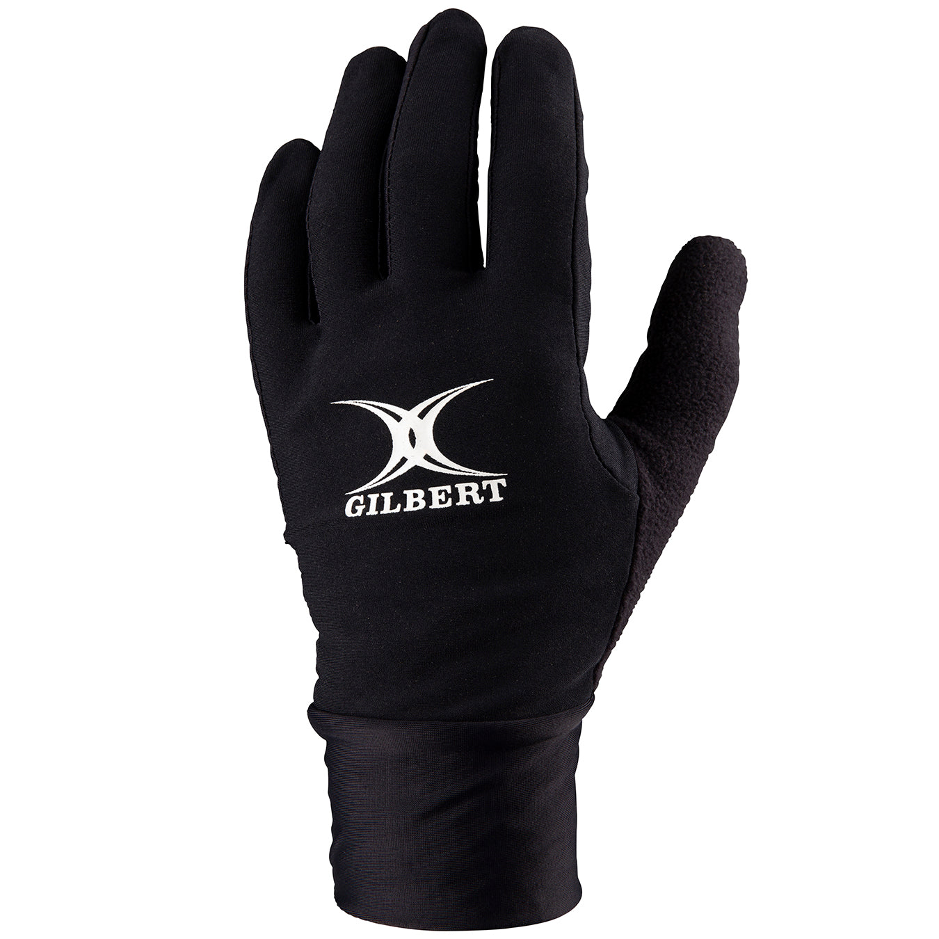 The Gilbert Thermo Training Gloves are black with a white Gilbert logo and text on the back, featuring a grippy silicone palm. Displayed upright against a white background.