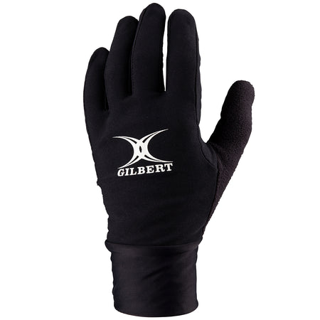 The Gilbert Thermo Training Gloves are black with a white Gilbert logo and text on the back, featuring a grippy silicone palm. Displayed upright against a white background.