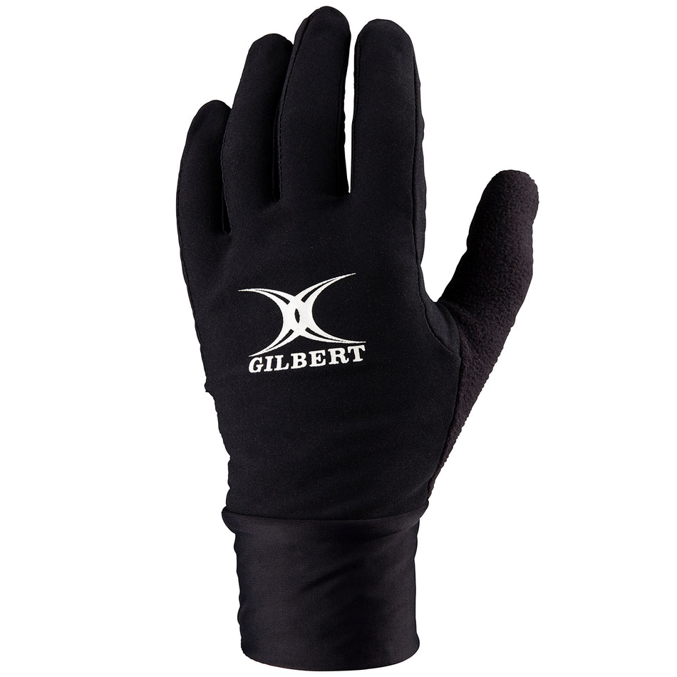 The Gilbert Thermo Training Gloves are black with a white Gilbert logo and text on the back, featuring a grippy silicone palm. Displayed upright against a white background.
