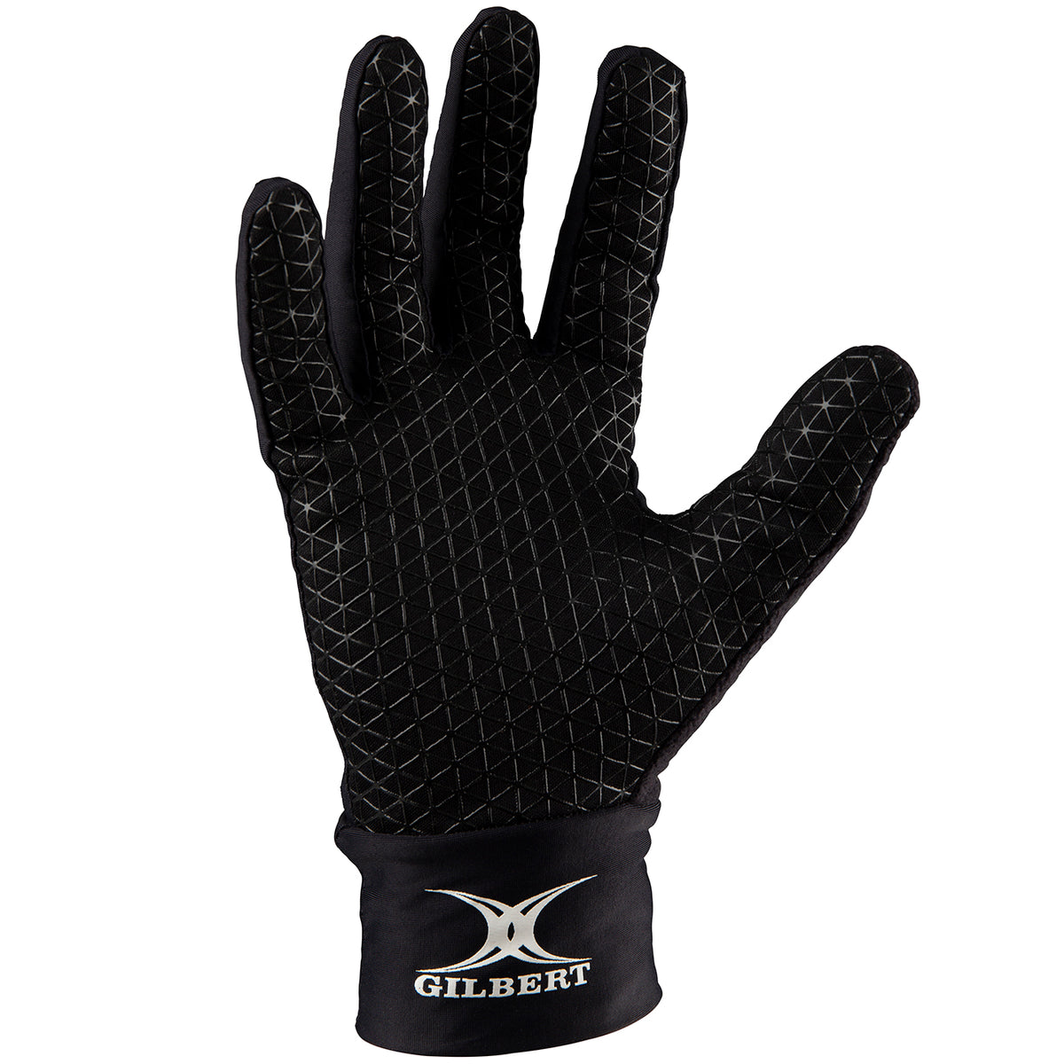 The Gilbert Thermo Training Gloves are black fleece-lined gloves with a grippy silicone palm, textured fingers, and the white Gilbert logo on the wrist area. The glove is shown palm facing forward.