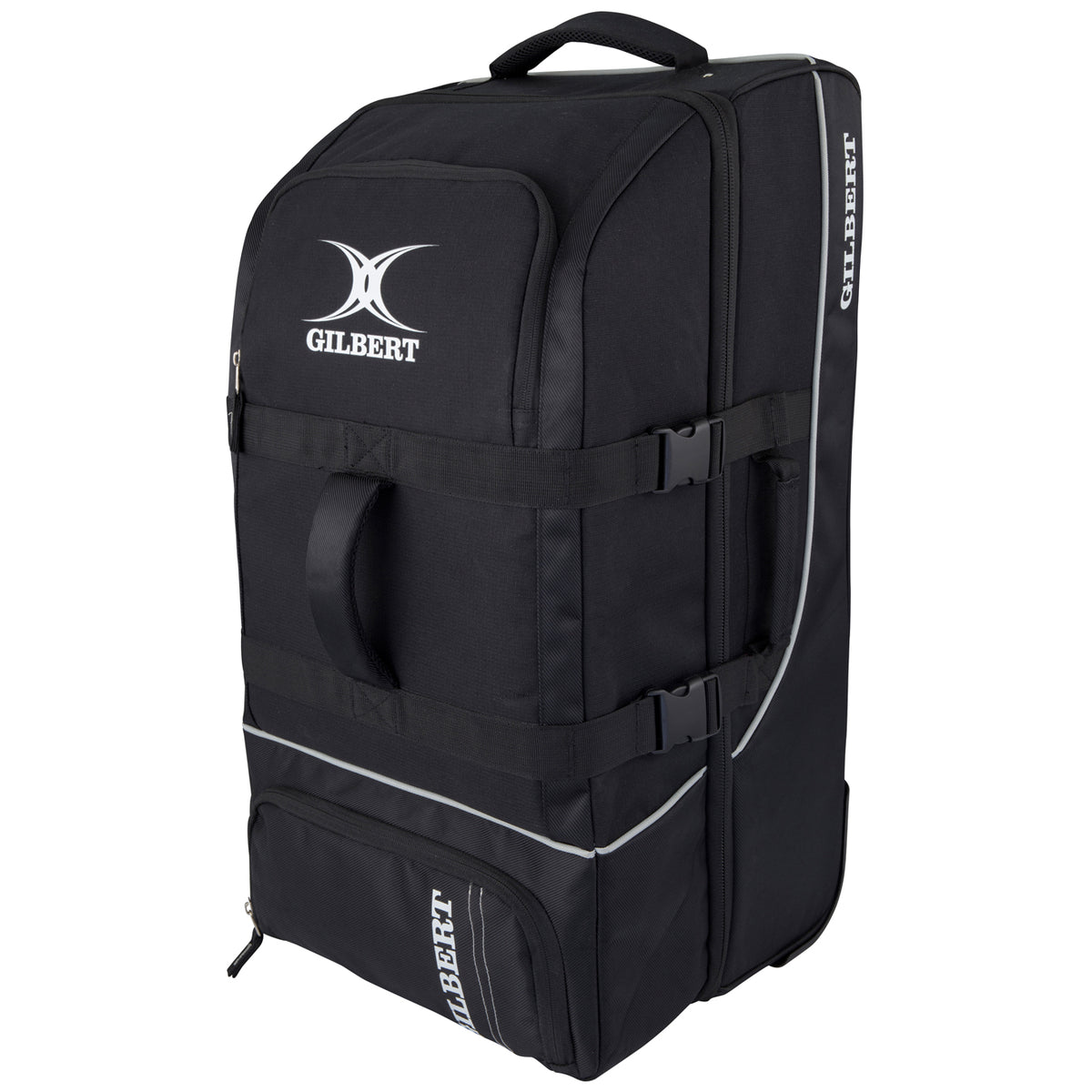 The black Gilbert Club Tour Wheeled Holdall is a large sports bag with handles, zippered compartments, side straps, wheels, and the Gilbert logo printed in white on the front and side.