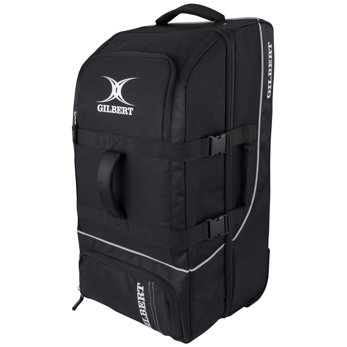The black Gilbert Club Tour Wheeled Holdall is a large sports bag with handles, zippered compartments, side straps, wheels, and the Gilbert logo printed in white on the front and side.