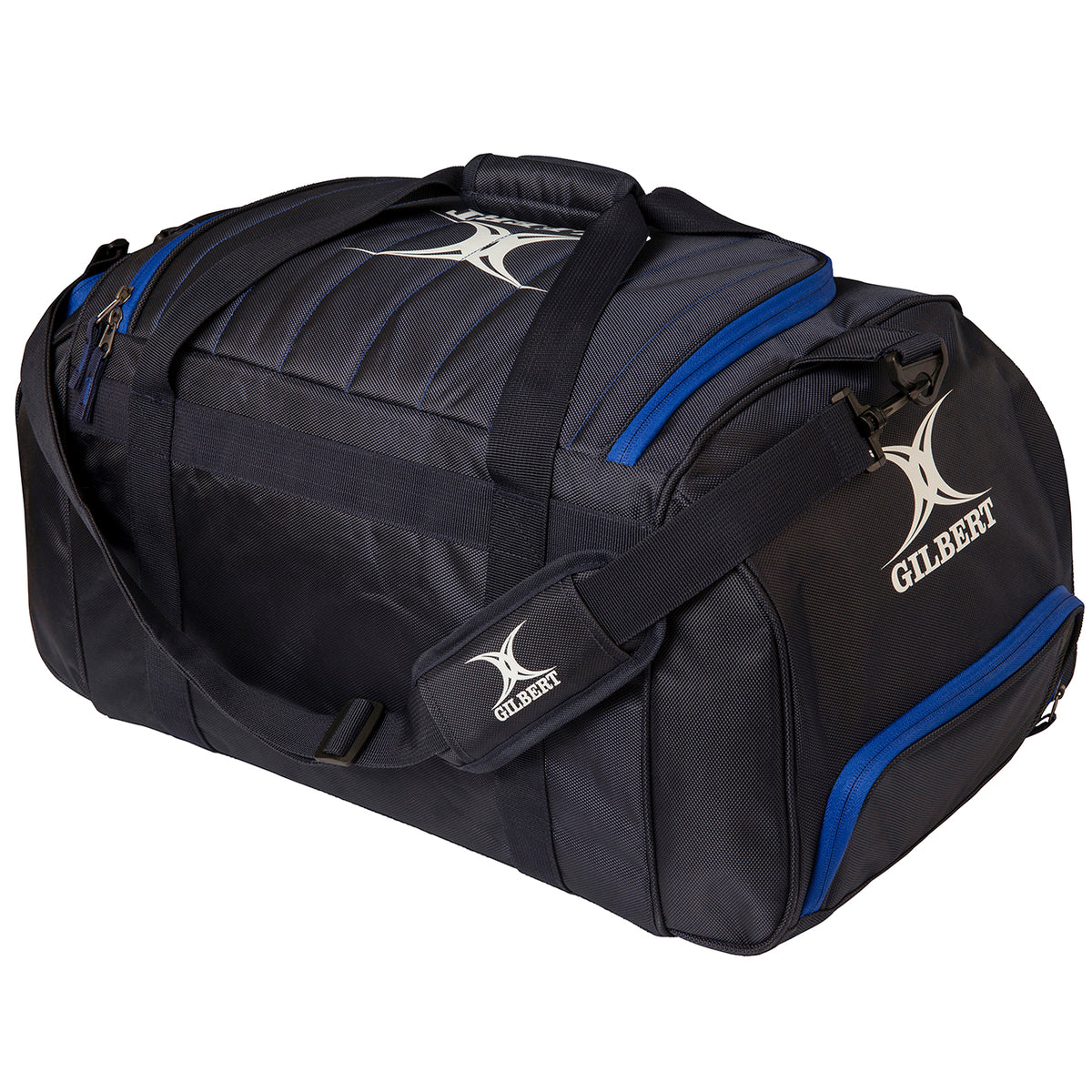 The Gilbert Performance Holdall by Gilbert is a black rugby kit bag featuring blue zippers, padded shoulder strap, handles, and the Gilbert logo printed in white on the side and strap.