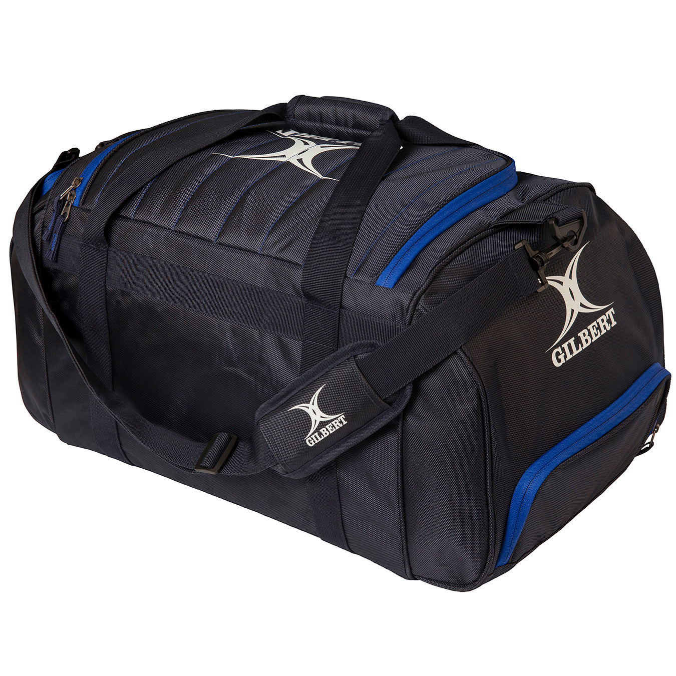 The Gilbert Performance Holdall by Gilbert is a black rugby kit bag featuring blue zippers, padded shoulder strap, handles, and the Gilbert logo printed in white on the side and strap.