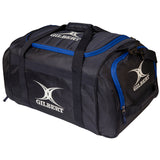 The Gilbert Performance Holdall is a large black kit bag with blue accents and sturdy handles, displaying the white Gilbert brand name and logo on the side and top.