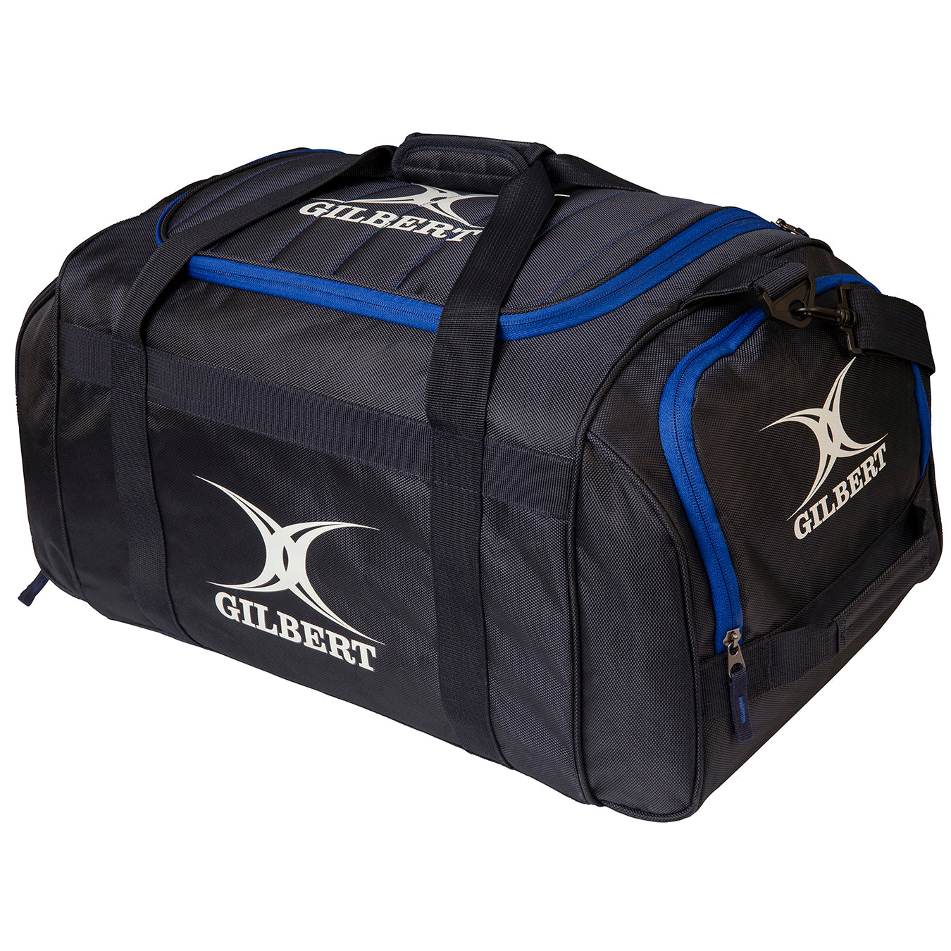 The Gilbert Performance Holdall is a large black kit bag with blue accents and sturdy handles, displaying the white Gilbert brand name and logo on the side and top.