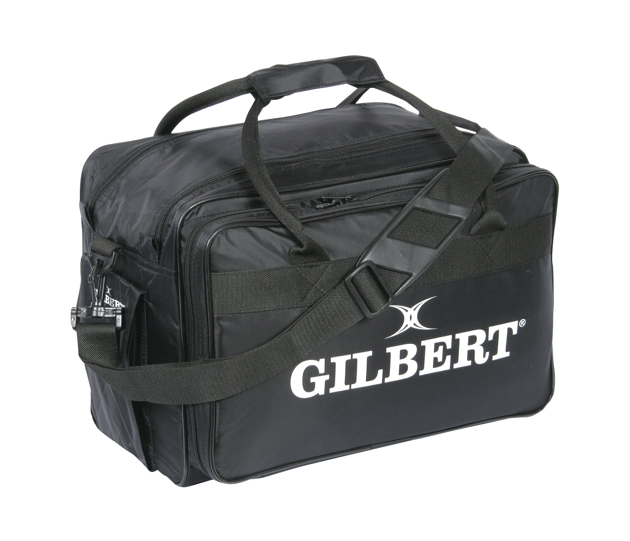 The Gilbert Physio Bag is a black sports bag with handles and a shoulder strap, featuring the white Gilbert logo—perfect for teams to use as a physio bag or sports injury kit on the go.