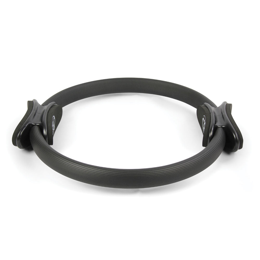 The Fitness Mad Pilates Ring - Double Handle by Fitness Mad is shown in black with padded handles on both sides against a white background—ideal for resistance workouts and toning exercises.