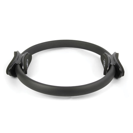 The Fitness Mad Pilates Ring - Double Handle by Fitness Mad is shown in black with padded handles on both sides against a white background—ideal for resistance workouts and toning exercises.