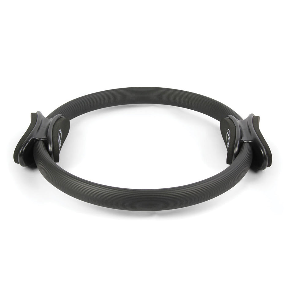 The Fitness Mad Pilates Ring - Double Handle by Fitness Mad is shown in black with padded handles on both sides against a white background—ideal for resistance workouts and toning exercises.