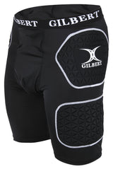 Gilbert Protective Shorts by Gilbert: black compression shorts with white trim and logo, designed as rugby training body armour. Feature two textured padded sections on the front right leg for extra protection during play.
