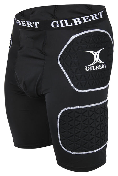 Gilbert Protective Shorts by Gilbert: black compression shorts with white trim and logo, designed as rugby training body armour. Feature two textured padded sections on the front right leg for extra protection during play.