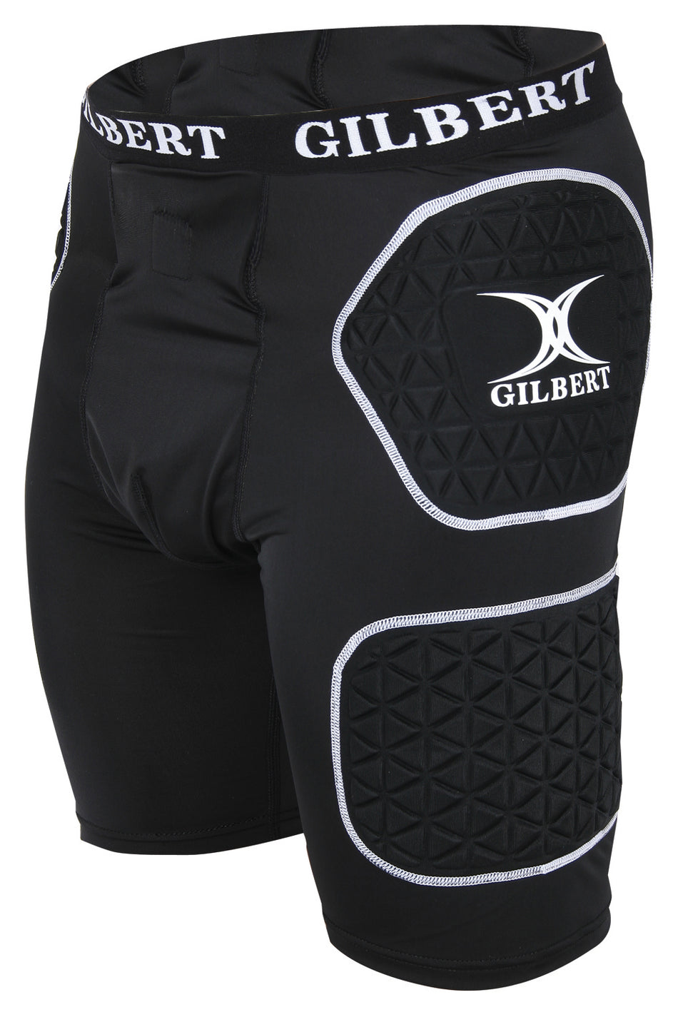 Gilbert Protective Shorts by Gilbert: black compression shorts with white trim and logo, designed as rugby training body armour. Feature two textured padded sections on the front right leg for extra protection during play.