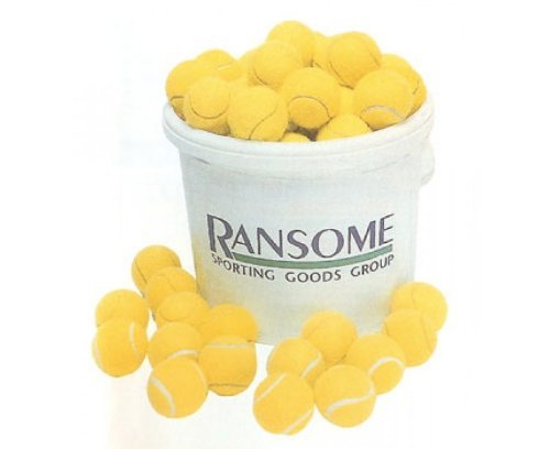 A white Ransome Sporting Goods bucket labeled "Ransome Bucket Of 96 Tennis Balls" is filled with yellow pressureless tennis balls, with several practice balls scattered around it.