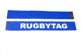The Carta Sport Rugby Tag Belt set includes 2 blue tags (one printed "RUGBYTAG", one plain) and 1 Velcro belt—perfect for tag rugby or any adjustable tag belt system.