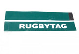 The Carta Sport Rugby Tag Belt set includes two green rectangular tags with white "RUGBYTAG" text and Velcro strips, ideal for use with adjustable tag belt systems or Tag Rugby belts.