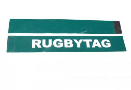 The Carta Sport Rugby Tag Belt set includes two green rectangular tags with white "RUGBYTAG" text and Velcro strips, ideal for use with adjustable tag belt systems or Tag Rugby belts.