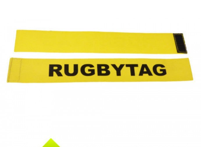The Carta Sport Rugby Tag Belt includes two yellow rectangular fabric Velcro tags and one adjustable belt, all designed for use in Tag Rugby.