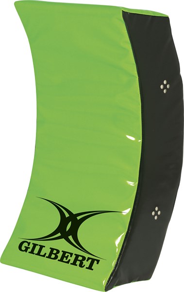 The Gilbert Curved Wedge is a green and black curved training hit shield featuring the Gilbert logo on the front—an essential piece of contact equipment for rugby training.