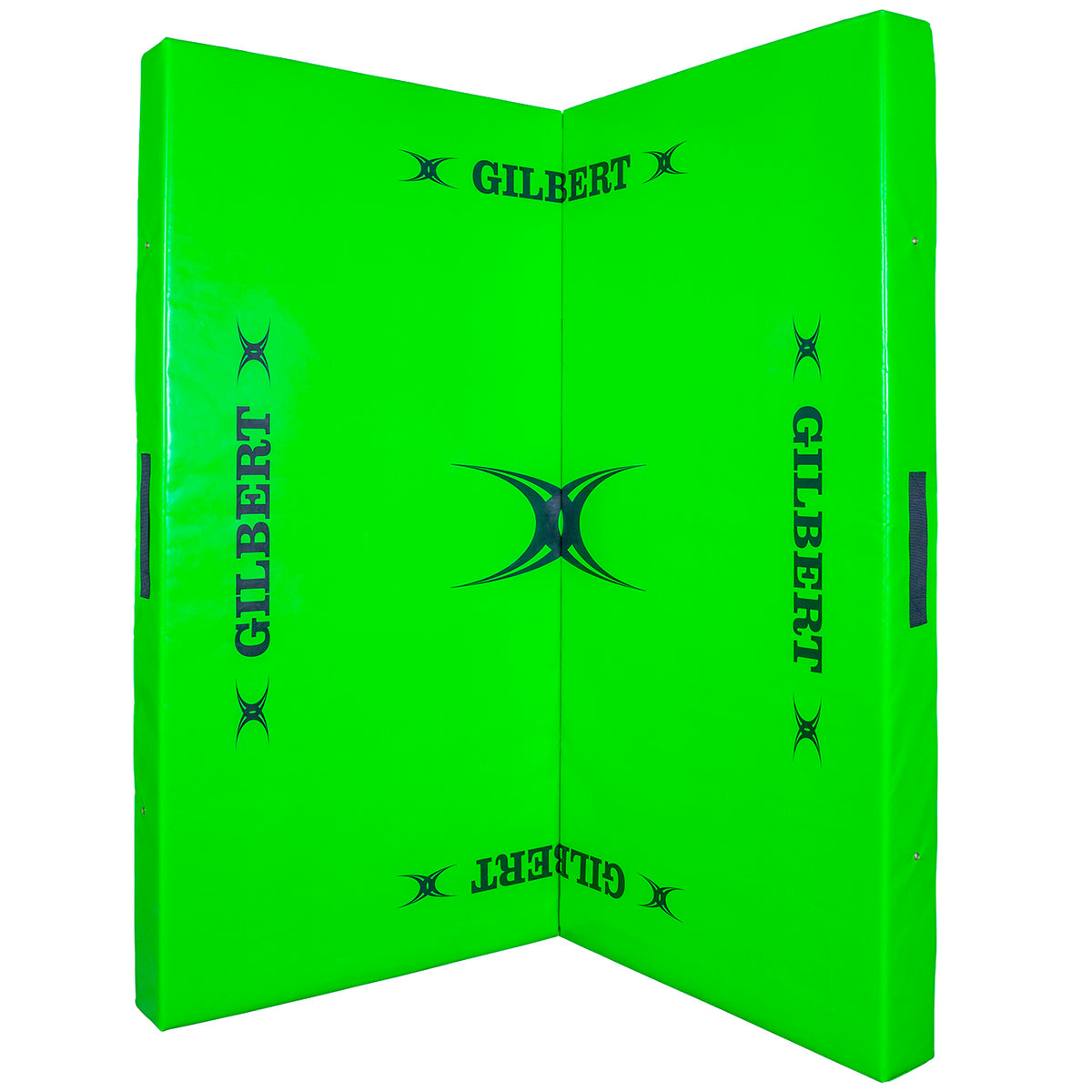 The Gilbert Tackle Mat is a bright green padded contact training mat with high-density foam, featuring GILBERT branding and black logos on both panels; shown standing open at a right angle.