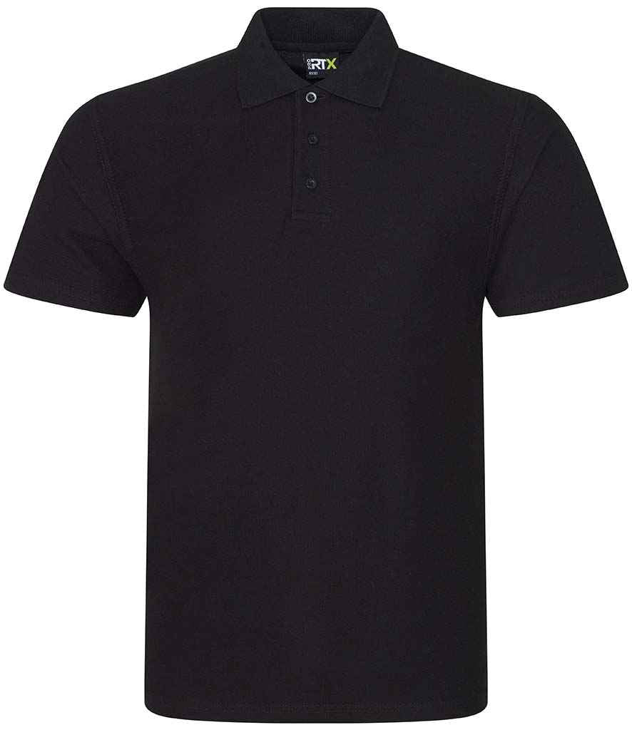 The Martin Berrill Sports Rockhampton CC RTX Senior Polo Shirt is a black, short-sleeve polo with a collar and three-button front, shown against a white background.
