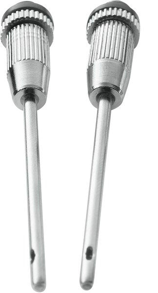 The Gilbert Adaptors Twin Pack includes two metal inflation needle adapters with grooved tops and long shafts, ideal for inflating sports balls. Each Gilbert needle features a small hole near the tip for optimal air flow.