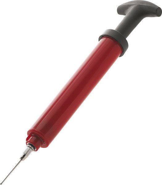The Gilbert Quicker Ball Pump by Gilbert is a large red pump with a black plunger and slim metal needle, displayed at an angle against a white background.