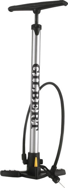 The Gilbert Stirrup Pump by Gilbert features a silver and black design, T-shaped handle, and hose with nozzle for rapid inflation of sports balls or bike tires—ideal for schools. GILBERT is written vertically on the barrel.