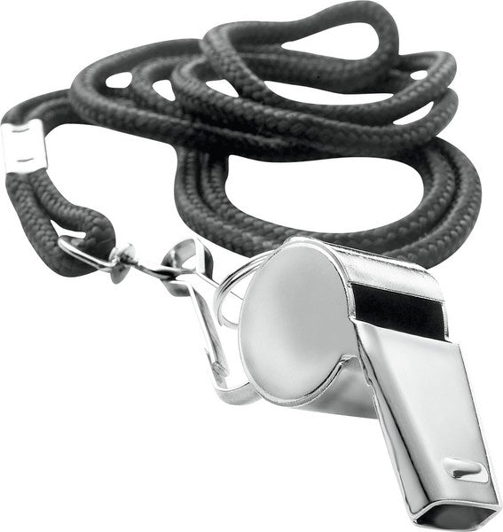The Gilbert Whistle and Lanyard by Gilbert features a shiny silver metal whistle with a high pitch, attached to a black braided coach lanyard, shown coiled loosely around the whistle on a white background.