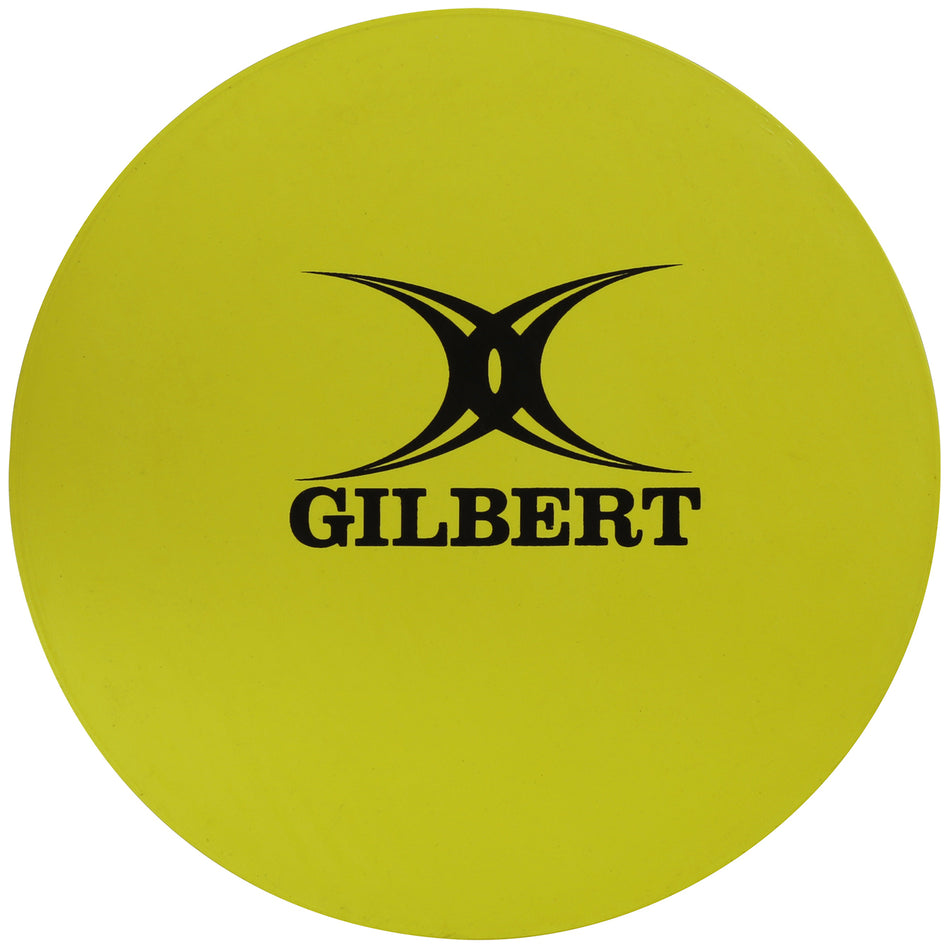 The Gilbert Rubber Disc Pack features yellow, circular rubber discs with "GILBERT" and a black design printed on them, ideal as playing area markers.