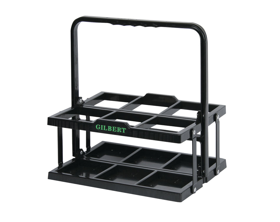 The Gilbert Water Bottle Carrier is a black plastic, fold-away carrier with a handle and two GILBERT-labeled tiers in green text. It holds 6 bottles for easy transport.